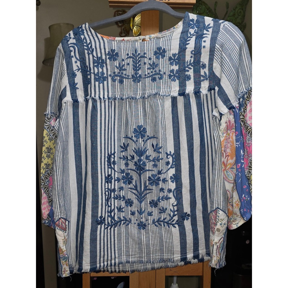 John Mark Embroidered Linen Blend Striped Blouse Blue White Mixed Print  S